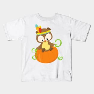 Thanksgiving Owl, Brown Owl, Feathers, Pumpkin Kids T-Shirt